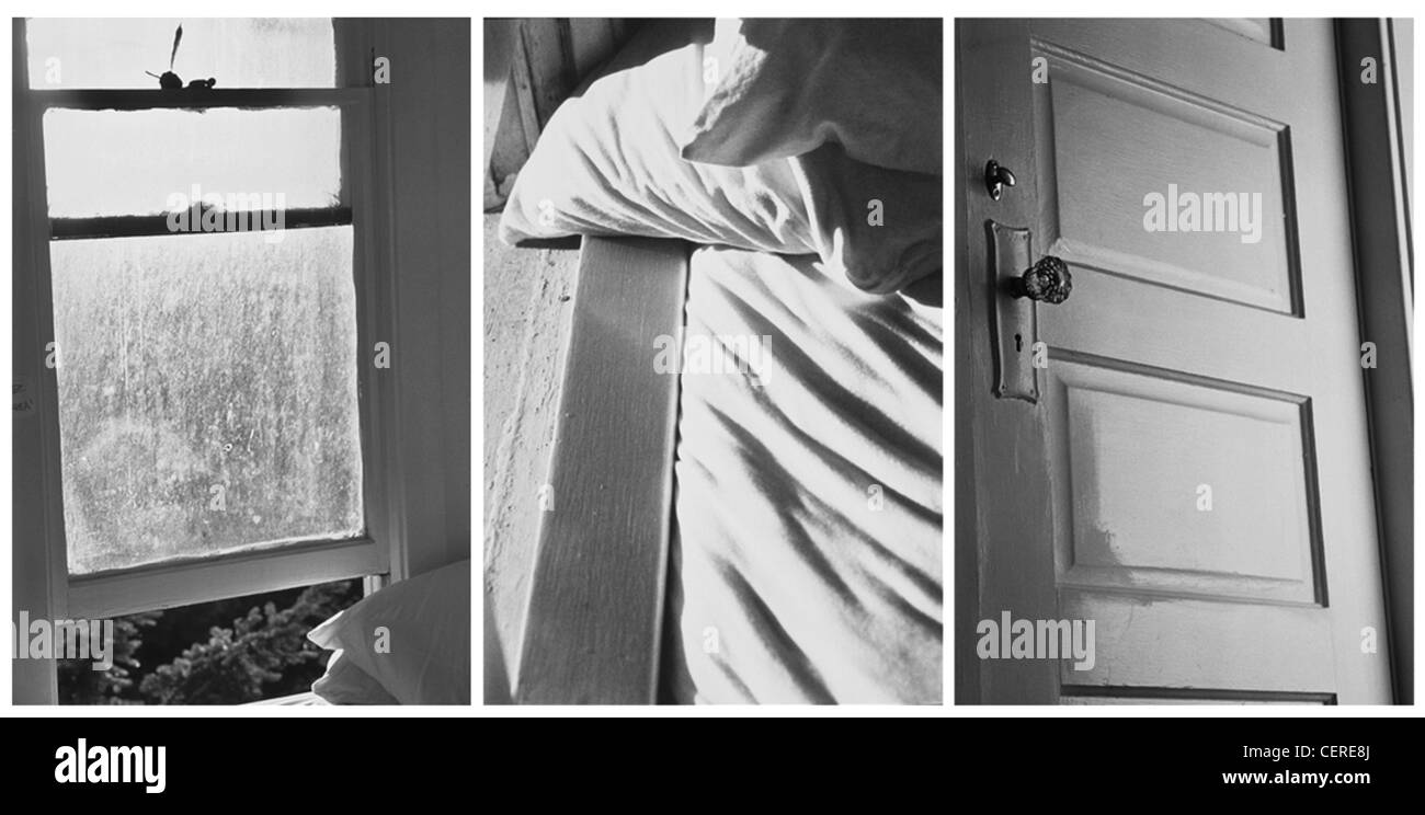 Tre immagini aprire la finestra a ghigliottina, vetro sporco, cuscini nella stanza e piante al di fuori del normale letto lenzuola e cuscini dalla finestra aperta Foto Stock