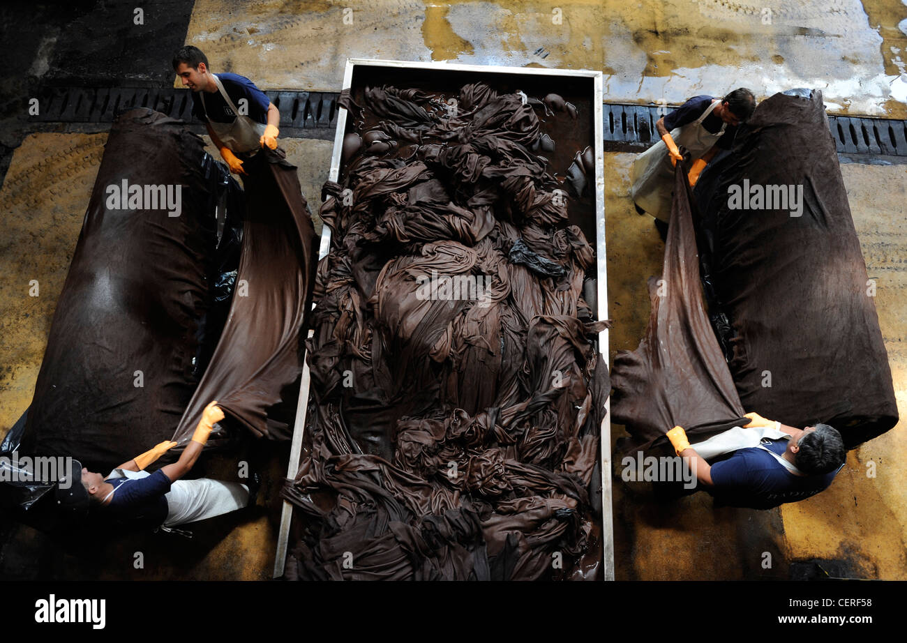 URUGUAY conceria Bader produzione di pelli da pelle di mucca per sedili di automobili della BMW, sezione di abbronzatura Foto Stock