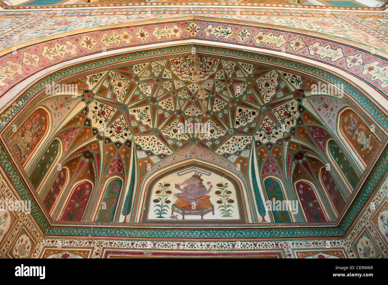 India Rajasthan, Jaipur, ambra, Fort, interno, dipinti murali, pitture murali Foto Stock