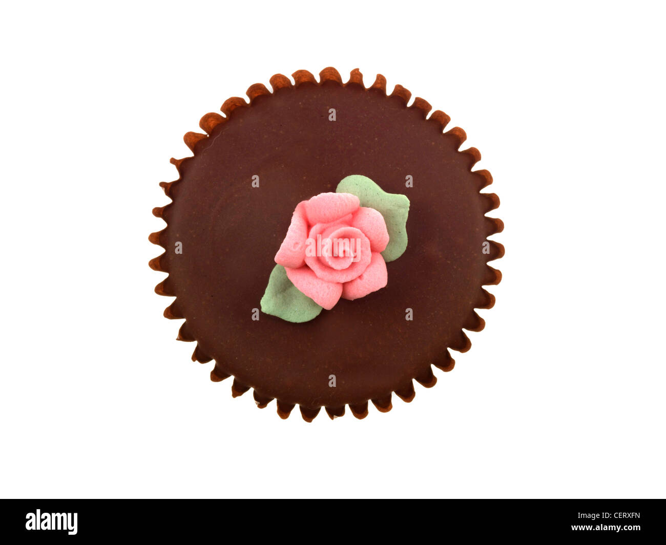 Fresca ghiacciata individuale e decorate singoli cioccolato torta tazza isolata contro uno sfondo bianco con un tracciato di ritaglio e nessun popolo Foto Stock