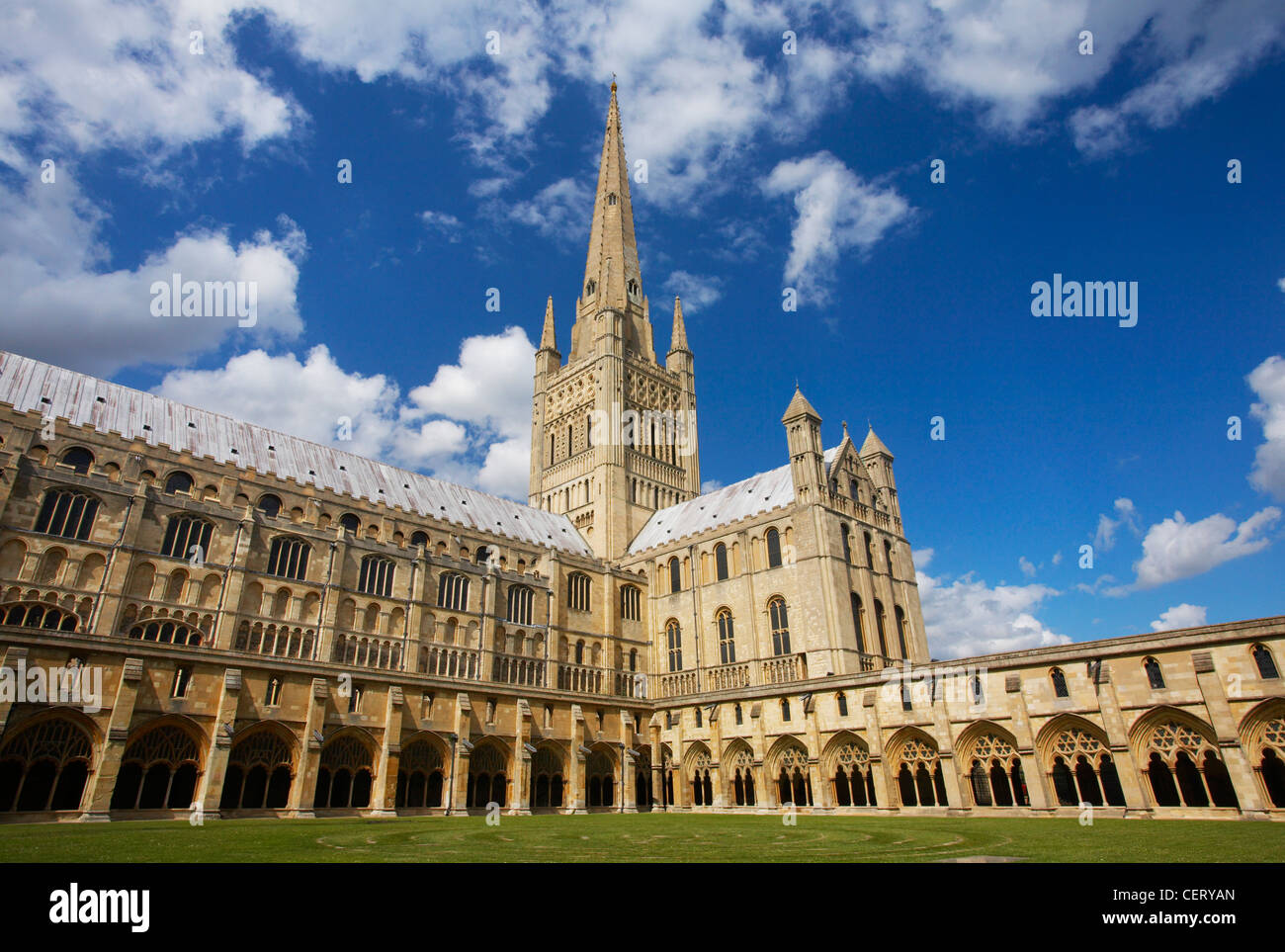 Norwich Cathedral su un luminoso giorno d'estate. Foto Stock