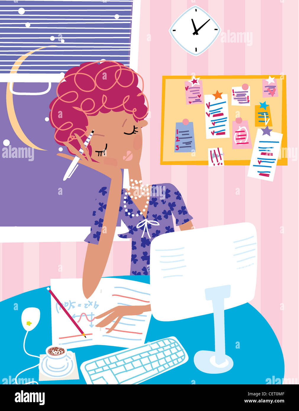 Lavoro femminile in ritardo in un ufficio Foto Stock