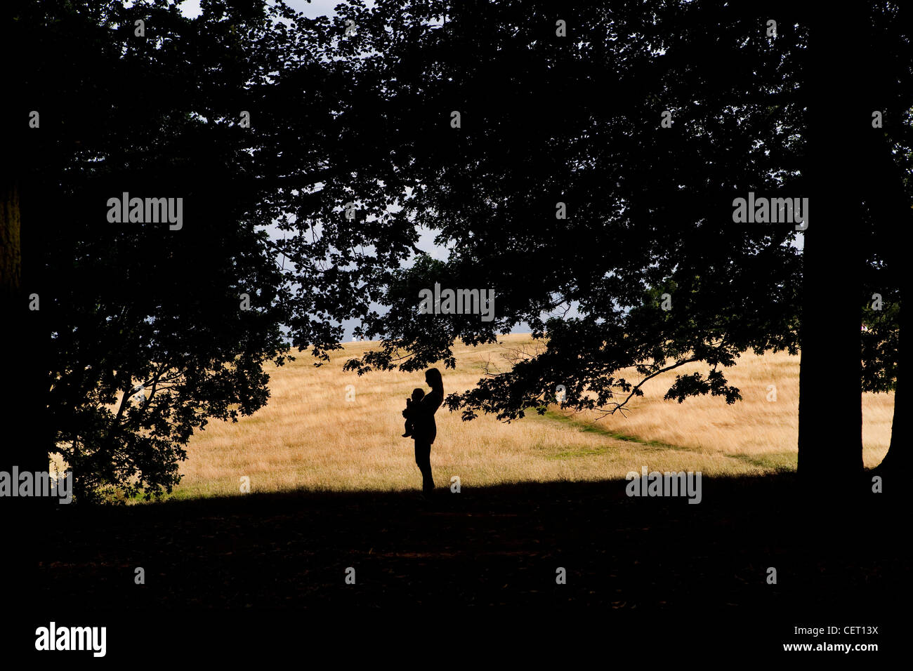 La madre e il bambino in Silhouette su Hampstead Heath, Londra Foto Stock