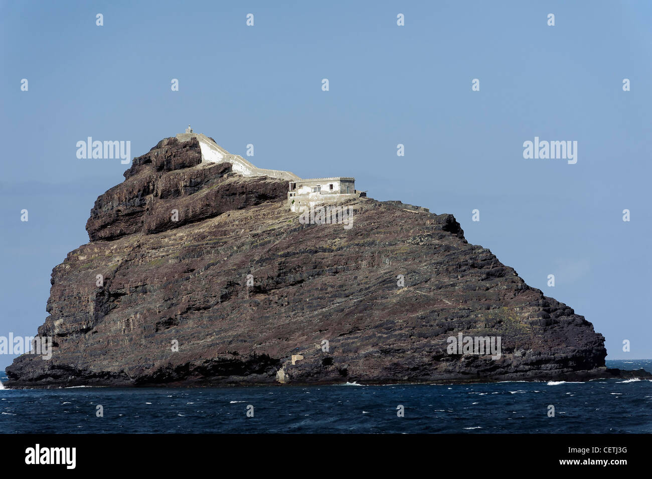 Faro Ilheu dos Passaros vor Mindelo, Sao Vicente, Isole di Capo Verde, Africa Foto Stock