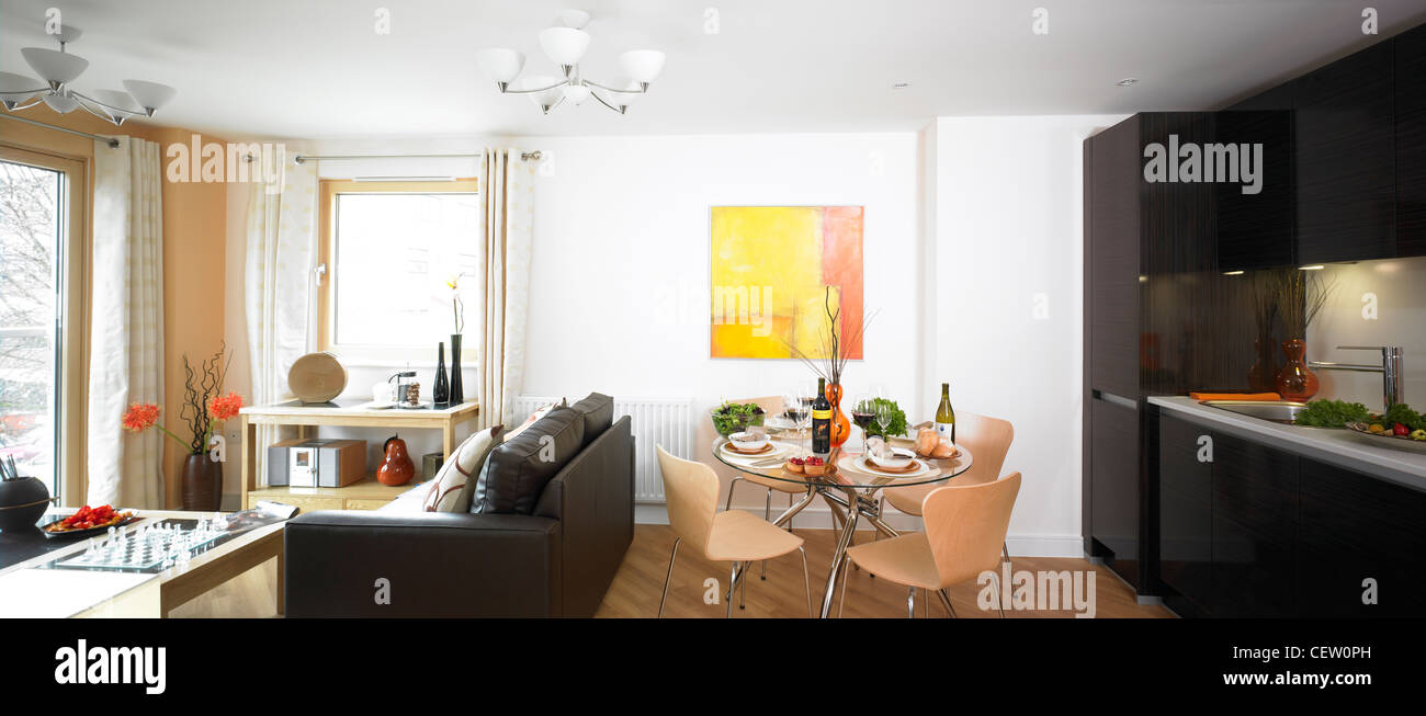 Vista panoramica della lounge sala da pranzo e cucina a pianta aperta appartamento studio Foto Stock