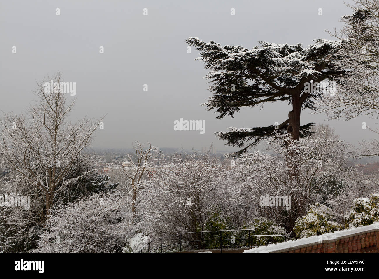I giardini a terrazza nella neve ,Twickenham a distanza,Richmond Hill,Richmond Upon Thames,Surrey, Inghilterra Foto Stock