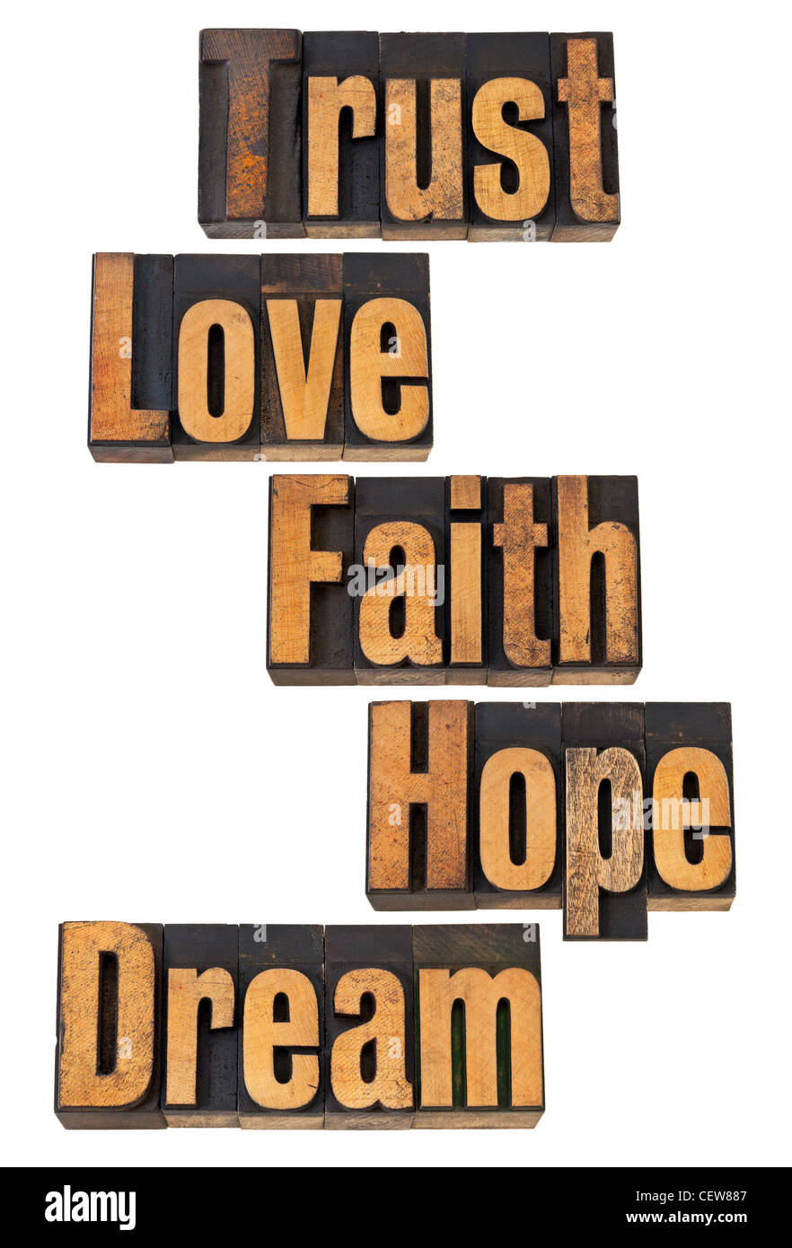 Fiducia, amore, fede, speranza, dream - spirituale e motivazionale parole - vintage rilievografia tipo legno Foto Stock