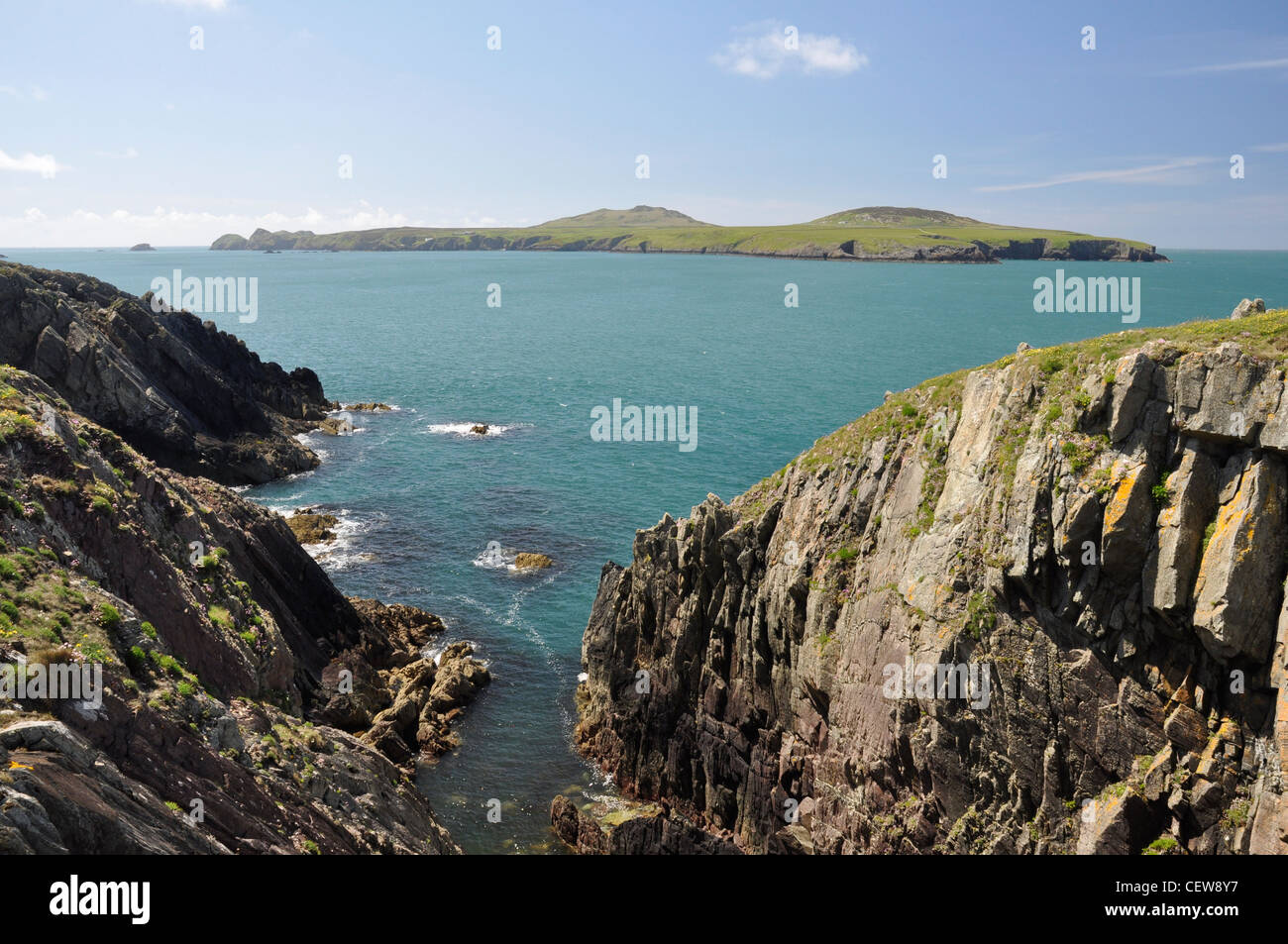 Ramsey Island dal punto St John, Pembrokeshire, Wales, Regno Unito Foto Stock