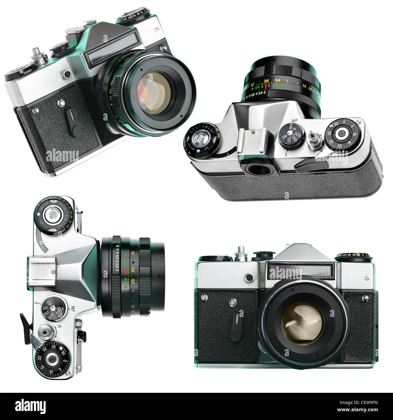 Set di vendemmia manuale telecamere isolate su sfondo bianco Foto Stock