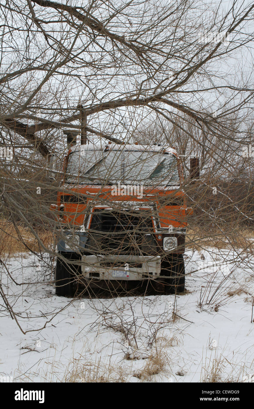 Un semi carrello parcheggiato nella neve e circondato dai rami. Foto Stock
