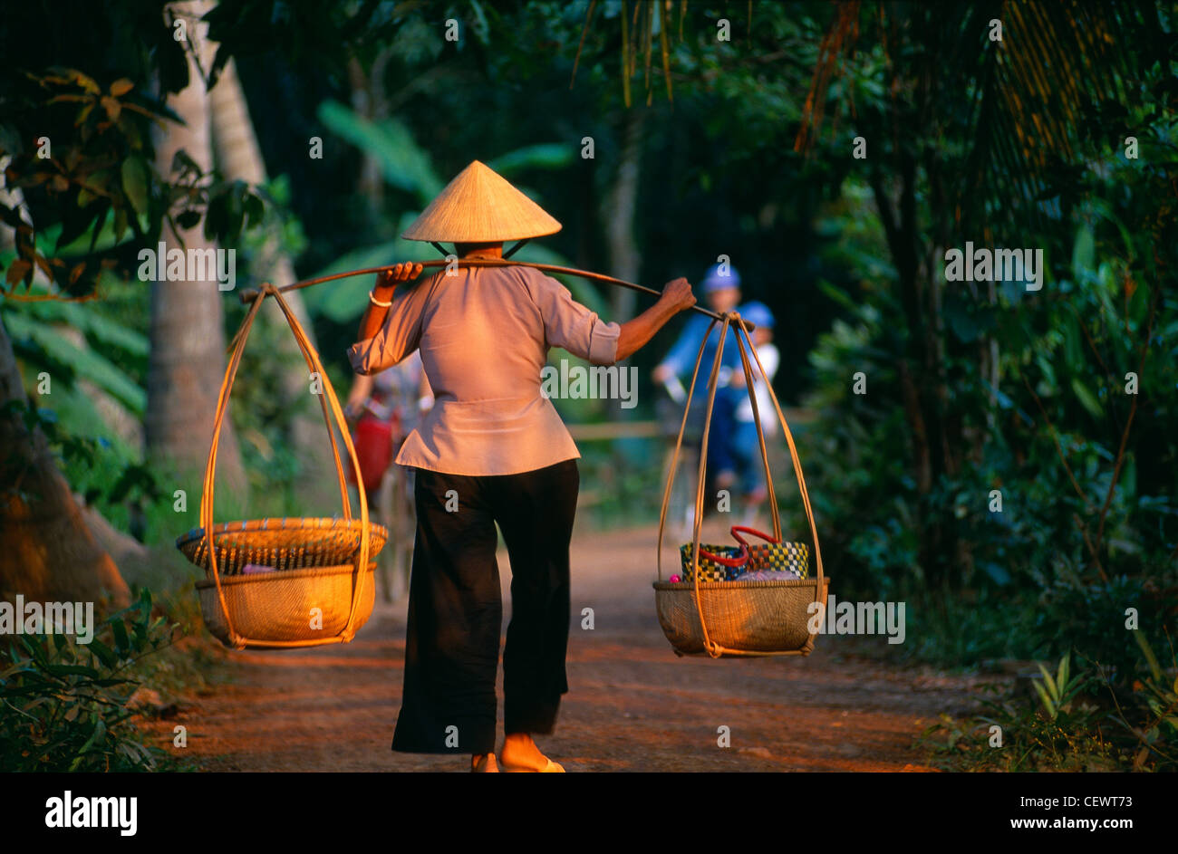 Donna che trasportano i prodotti al mercato, ben tre province, Delta del Mekong, Vietnam Foto Stock