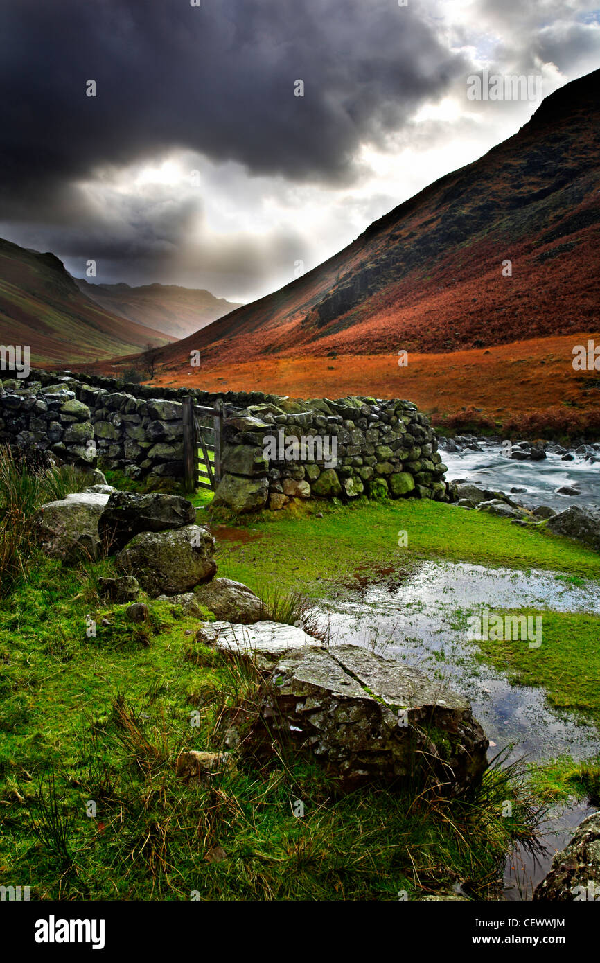 Una vista del fiume Esk vicino Brotherilkeld. Il fiume Esk inizia nel grande Moss sotto Scafell Pike nel Lake District inglese un Foto Stock