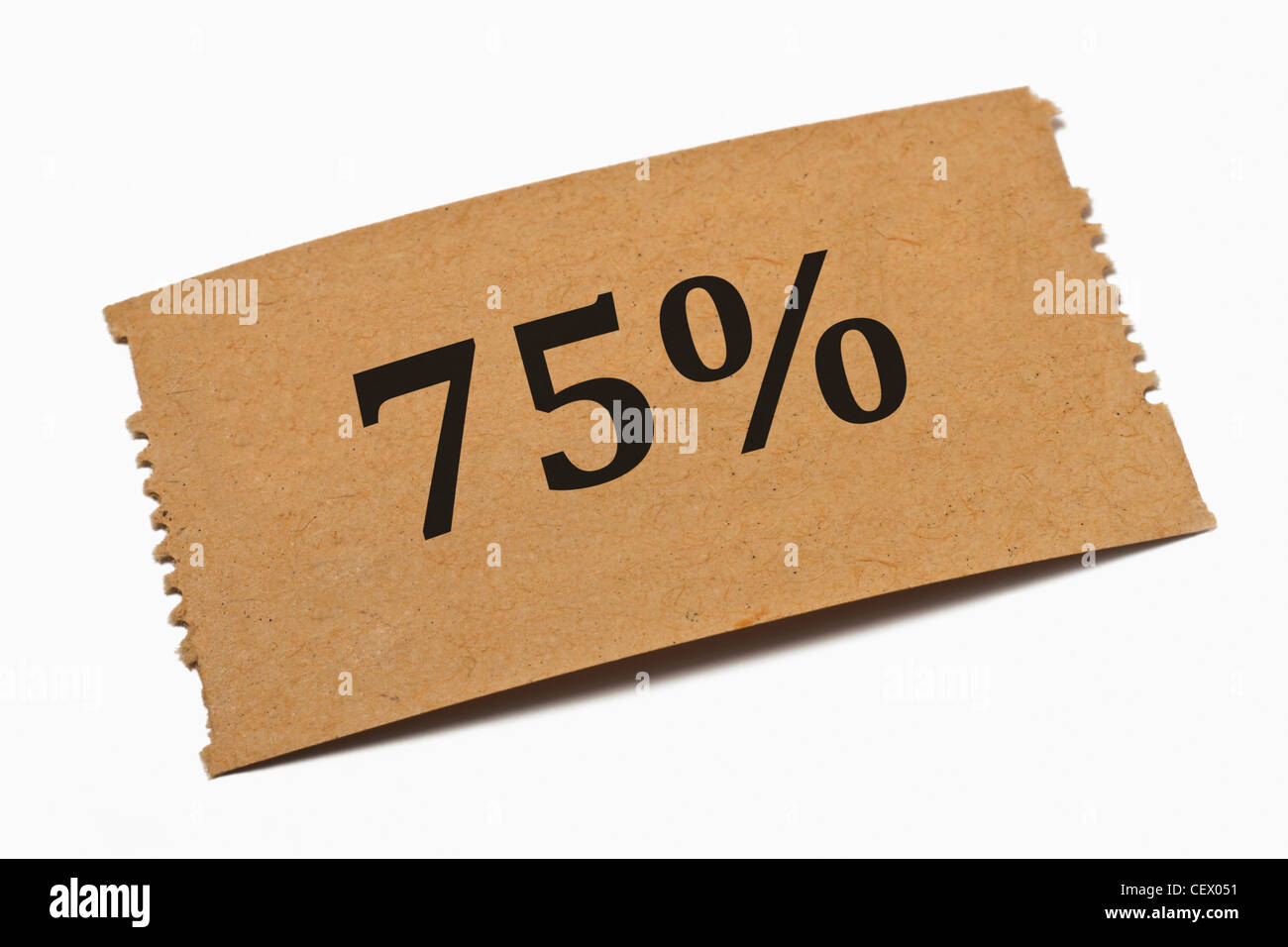 Dettaglio foto di una scheda di carta con la scritta 75 percento Foto Stock