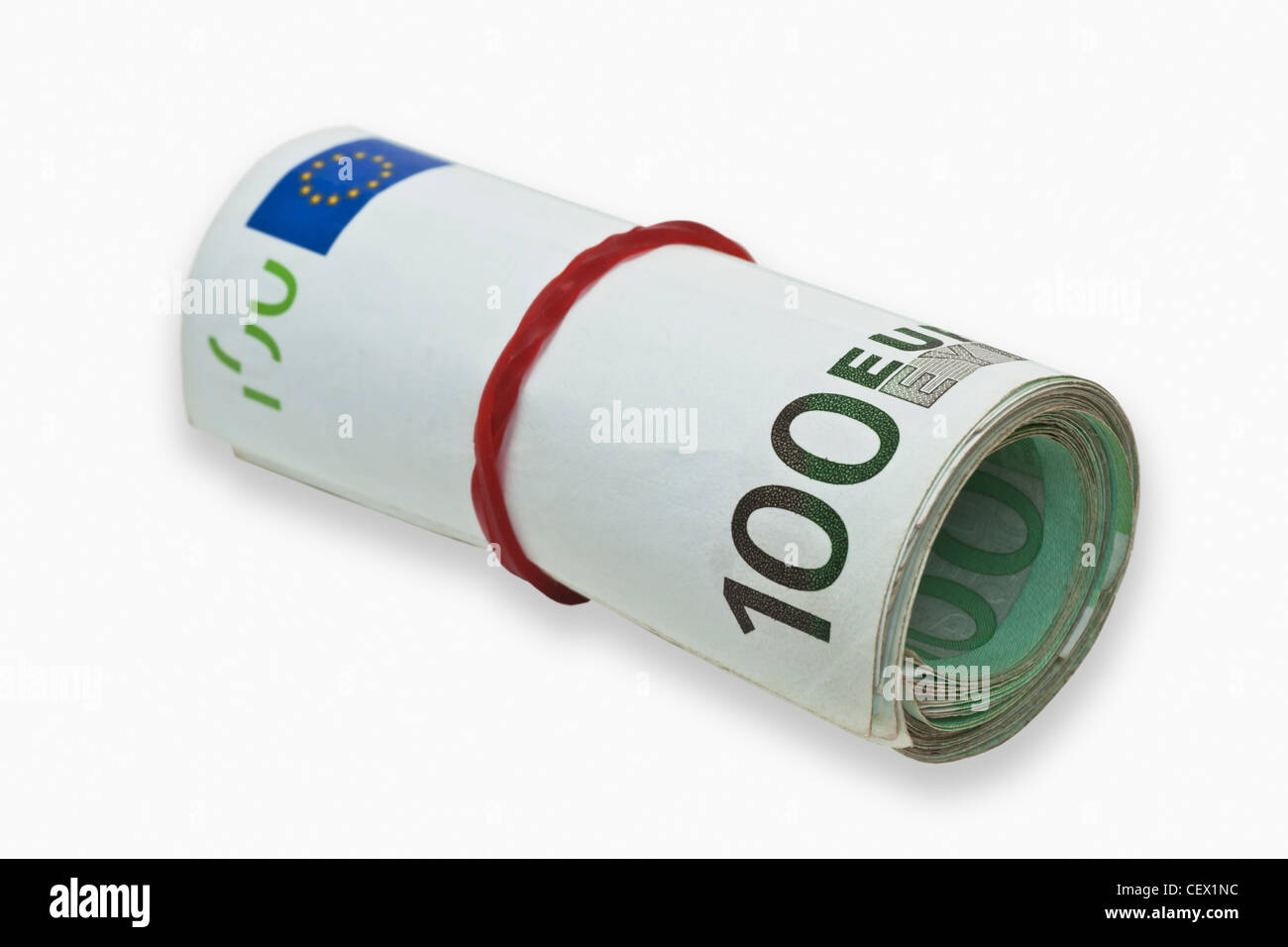 Molti 100 Euro Bills, arrotolate e tenute insieme da una gomma. Il 01 gennaio 2002 l'Euro è stato introdotto come denaro contante. Foto Stock