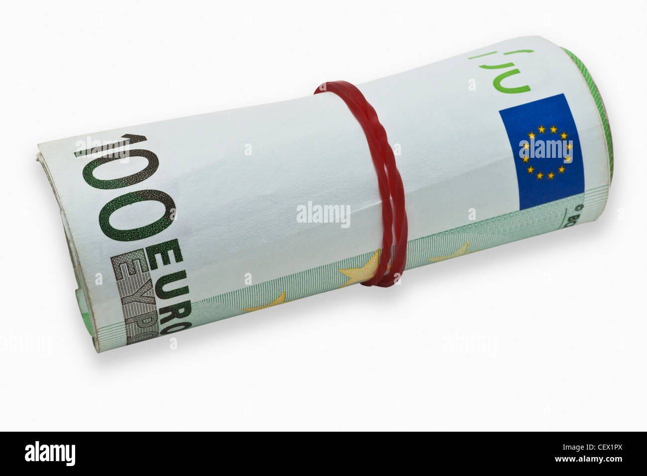 Molti 100 Euro Bills, arrotolate e tenute insieme da una gomma. Il 01 gennaio 2002 l'Euro è stato introdotto come denaro contante. Foto Stock