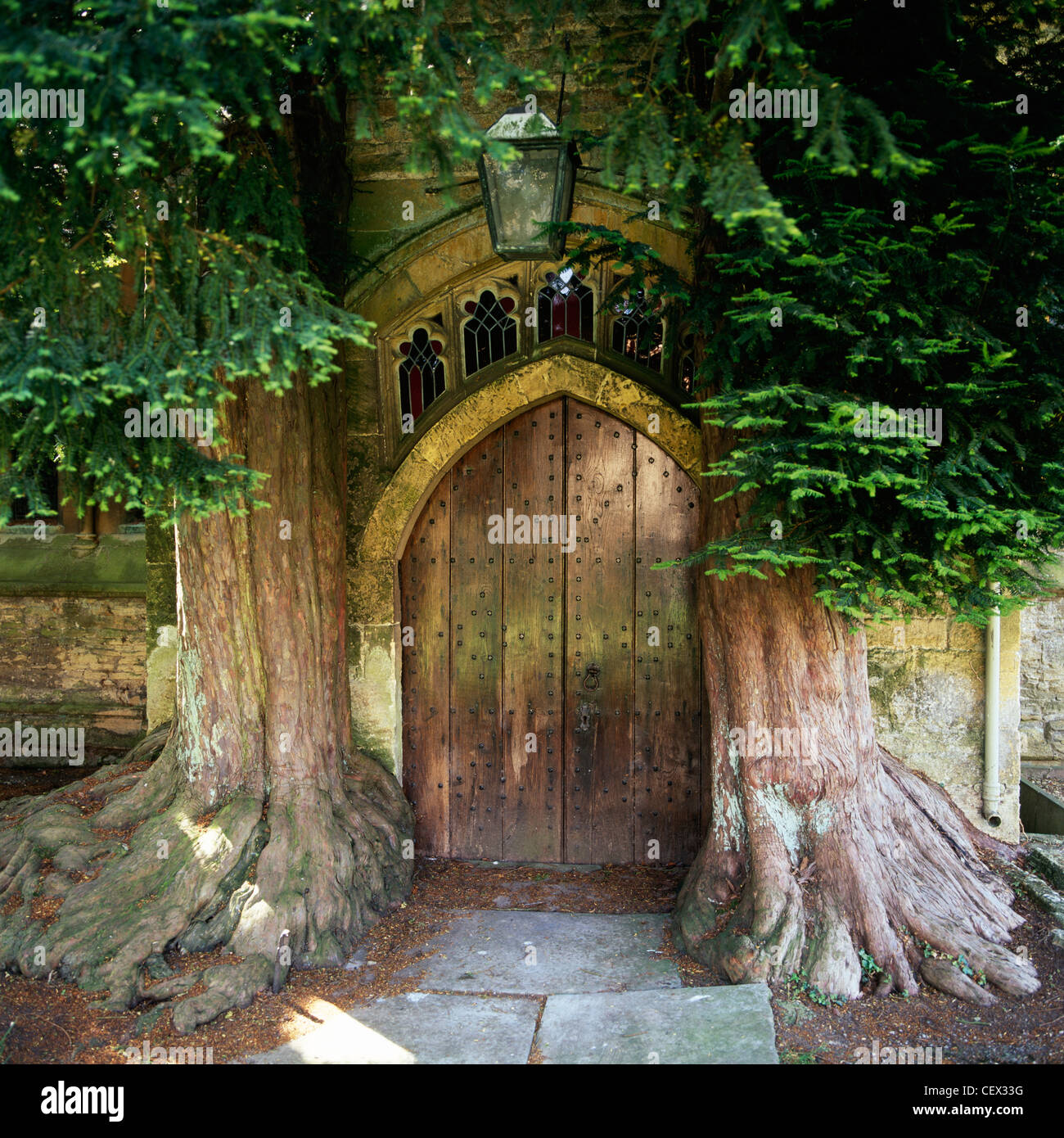 La porta nord di San Edwards chiesa con due antiche yew alberi su entrambi i lati. Foto Stock