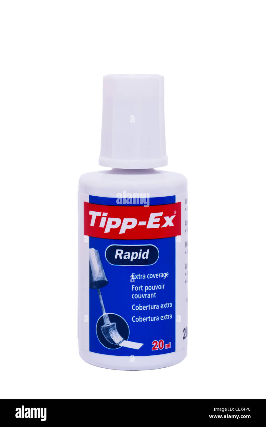 Una bottiglia di Tipp-ex rapid per la cancellazione di errori scritto da penna su sfondo bianco Foto Stock