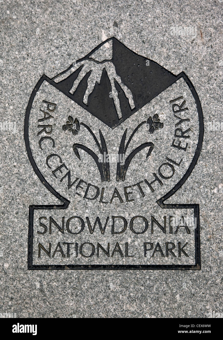 Parco Nazionale di Snowdonia Logo scolpito in marmo. Foto Stock