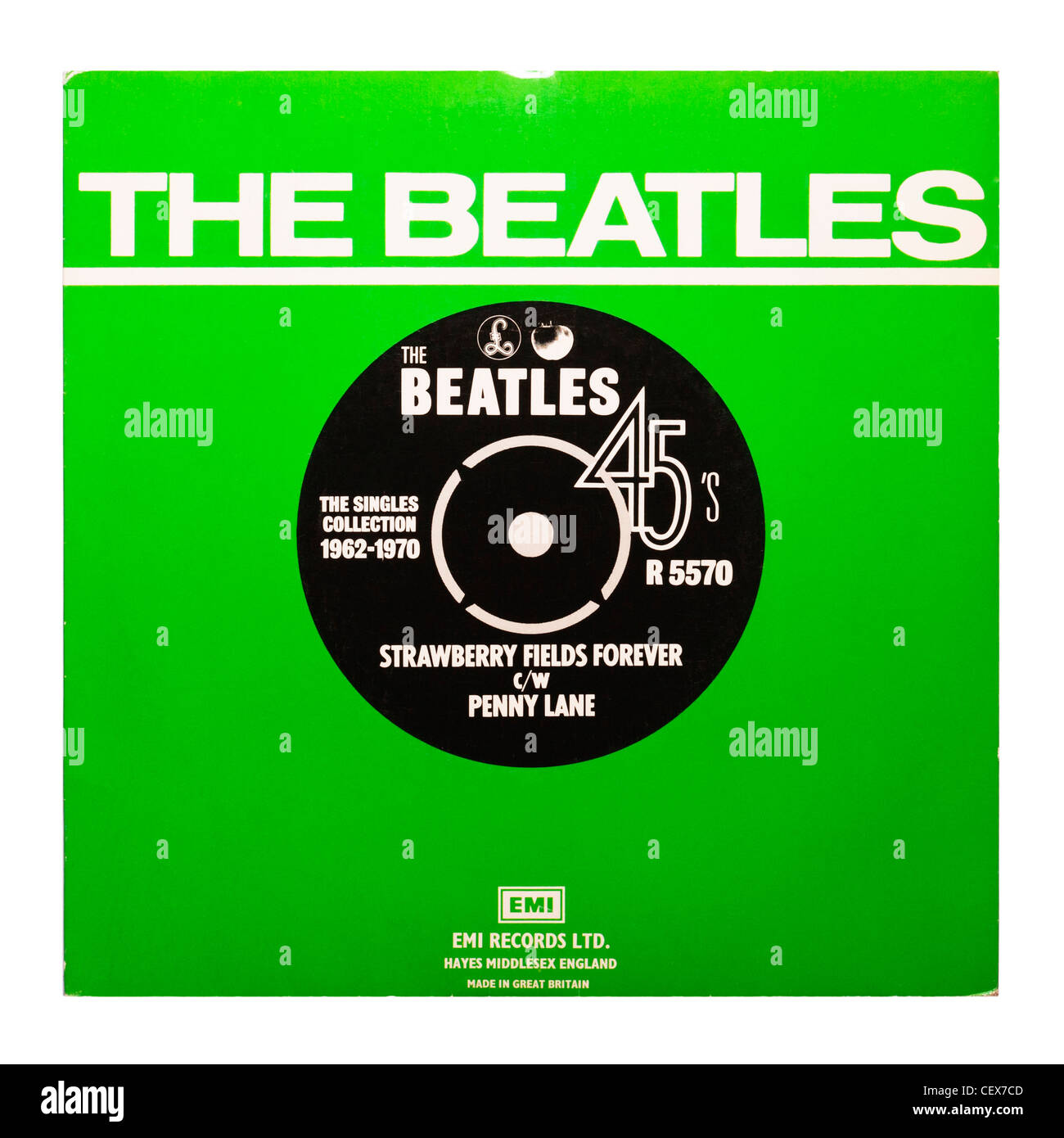Un vinile , i Beatles , Strawberry Fields Forever e Penny Lane su sfondo bianco Foto Stock