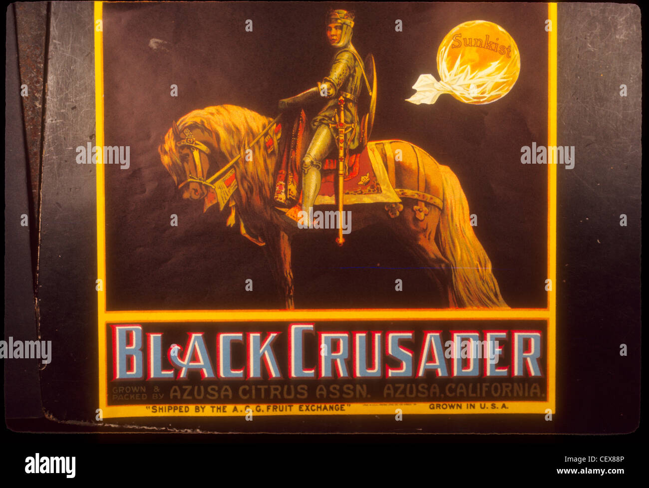 Crociato nero Azusa Citrus Associaion etichetta nel sud della California Orange industria frutto di allevamento Foto Stock