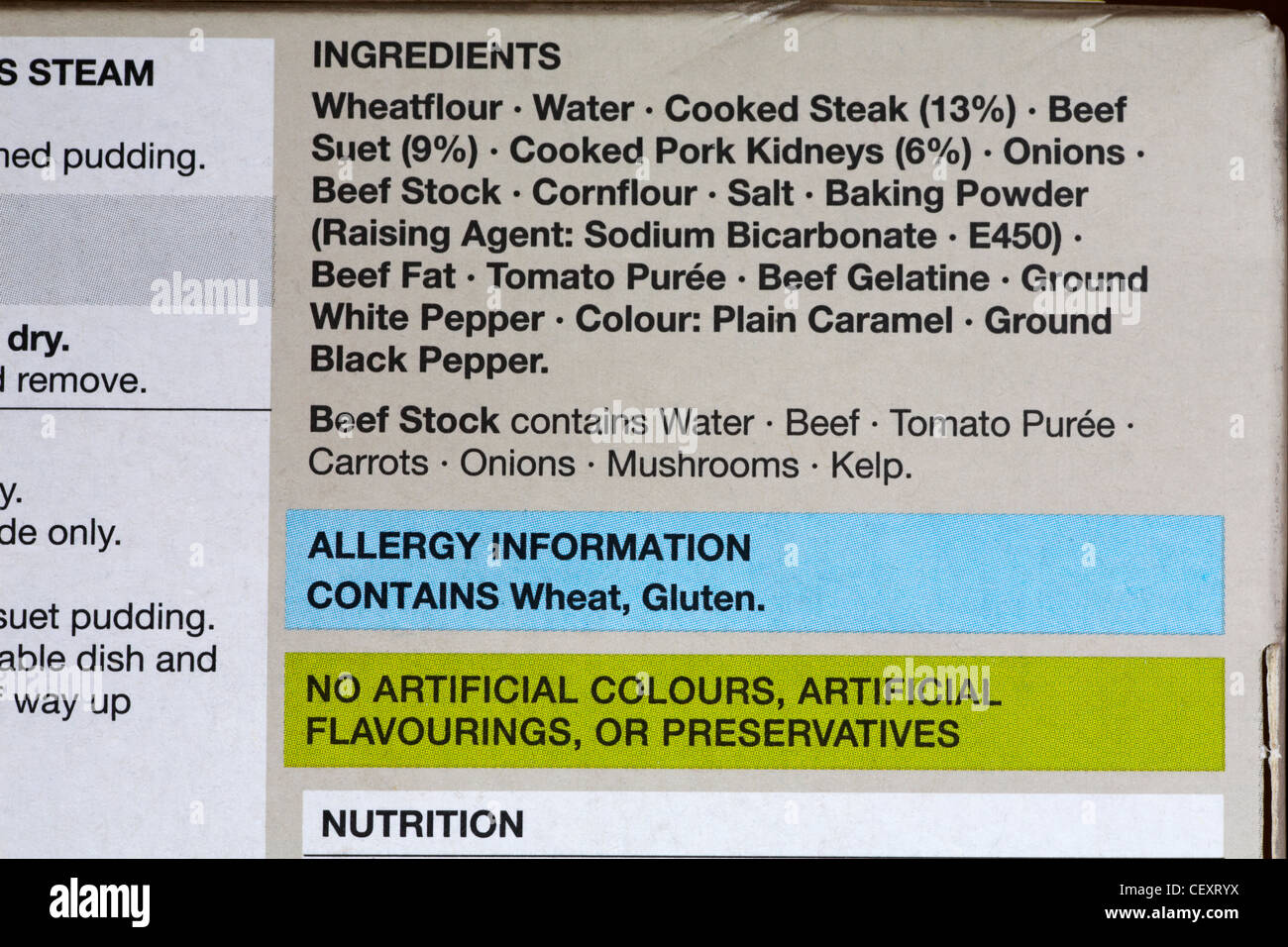 Gli ingredienti e le informazioni sulle allergie sulla casella della bistecca e budino di rene box Foto Stock