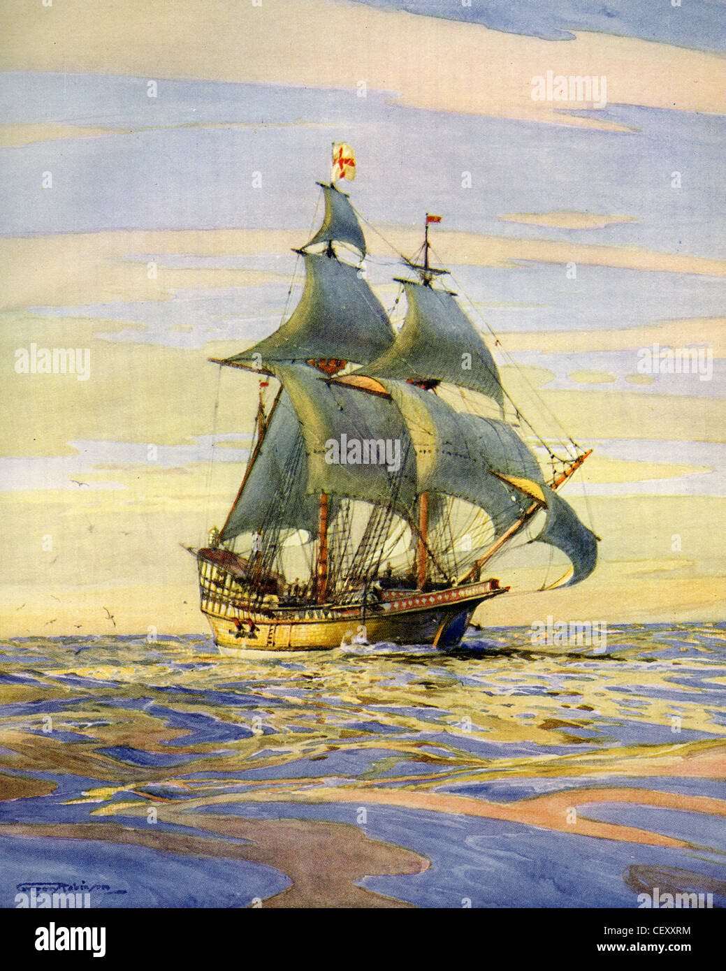 Il Golden Hind capitanata da Sir Francis Drake sulla sua circumnavigazione del globo. Dipinto da naval historian Gregory Robinson Foto Stock