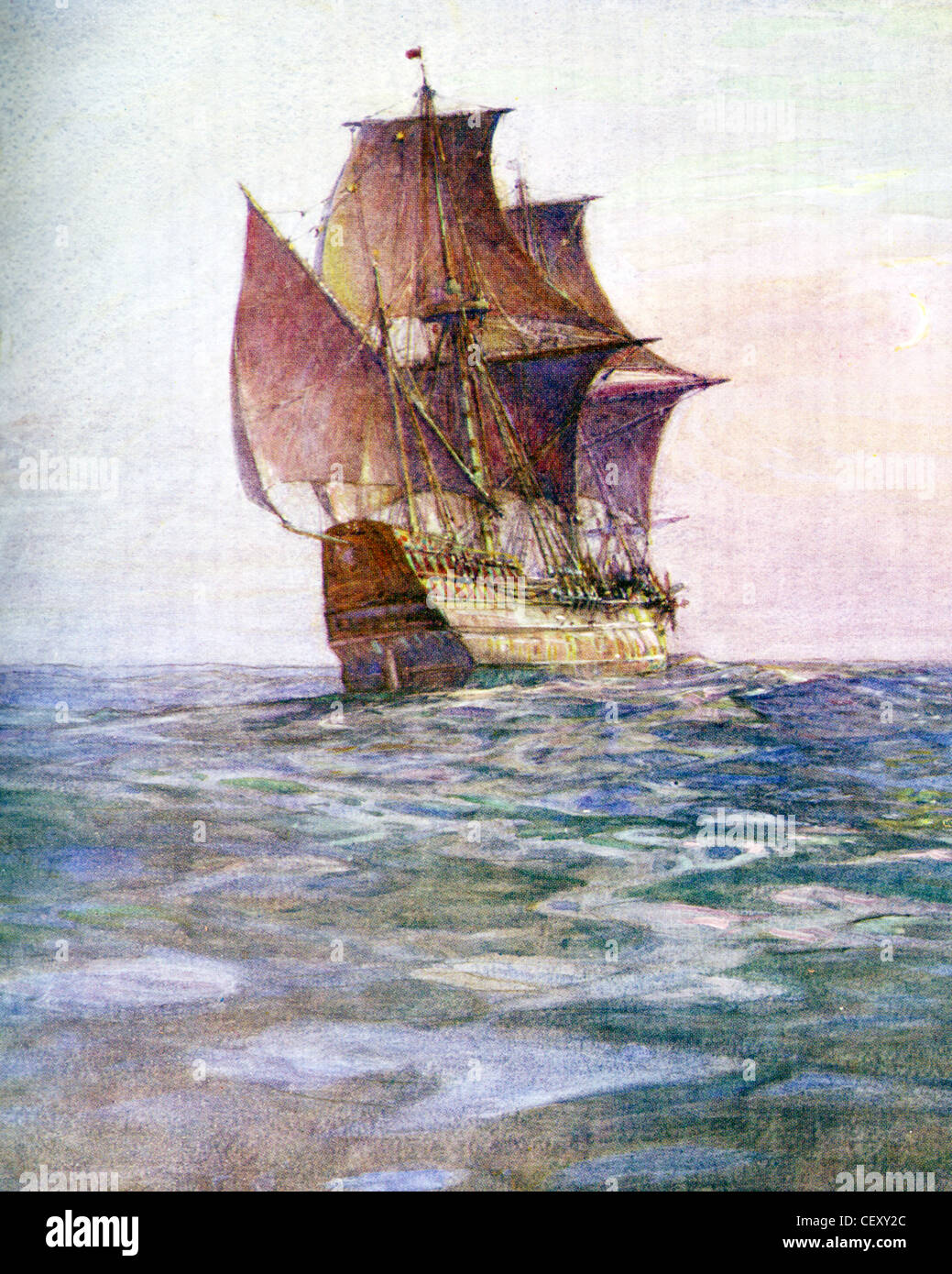 Il Mayflower portato i dissidenti in inglese (Pellegrini) al Massachusetts nel 1620. Dipinto da naval historian Gregory Robinson Foto Stock