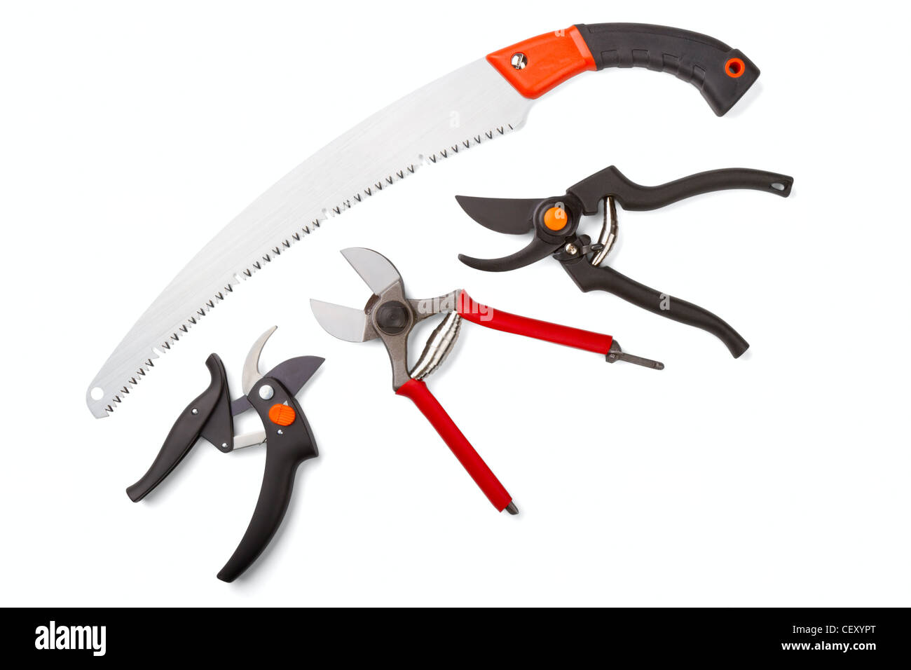 Giardino secateurs e seghetto isolato su uno sfondo bianco Foto Stock