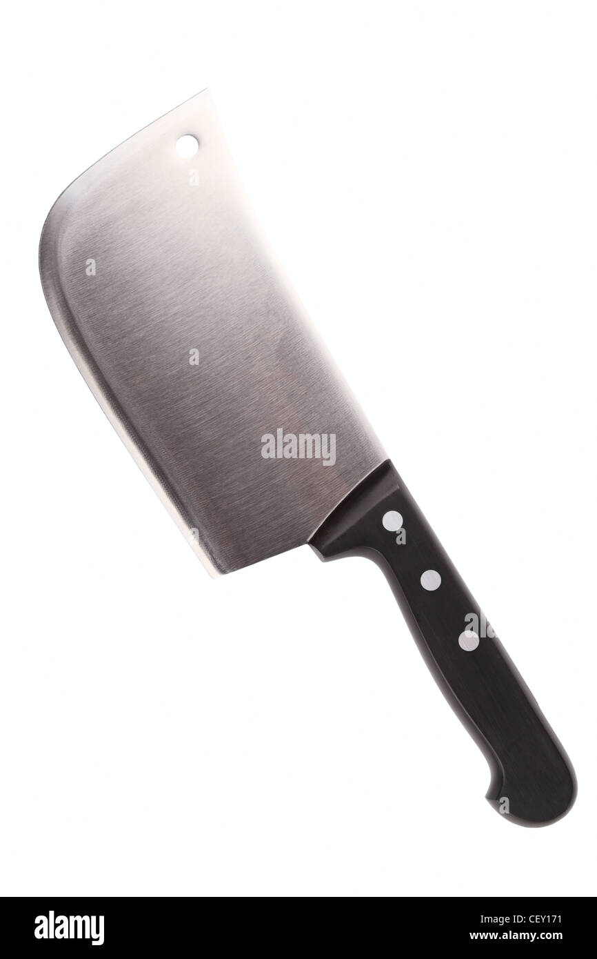 Cucina in acciaio carne cleaver isolato su uno sfondo bianco Foto Stock