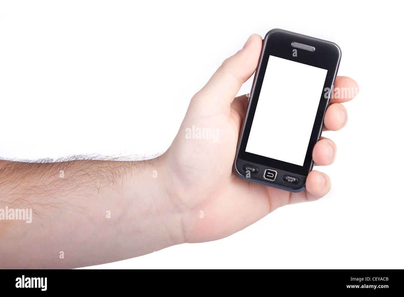 Mano con touch screen telefono isolato su bianco Foto Stock
