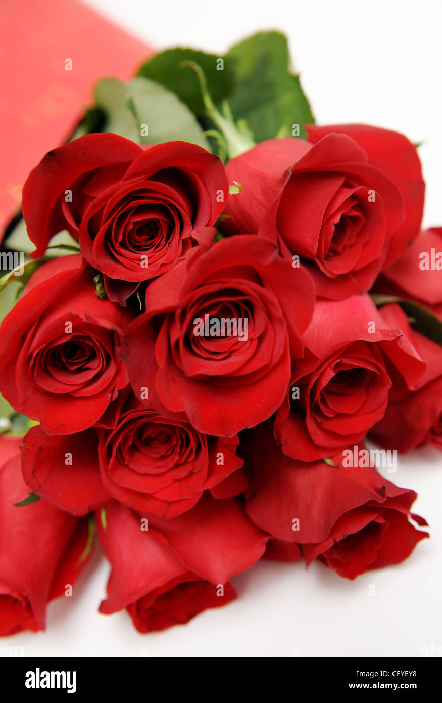 Un Vicino L Immagine Di Un Mazzo Di Rose Rosse Avvolto In Carta Rossa Foto Stock Alamy