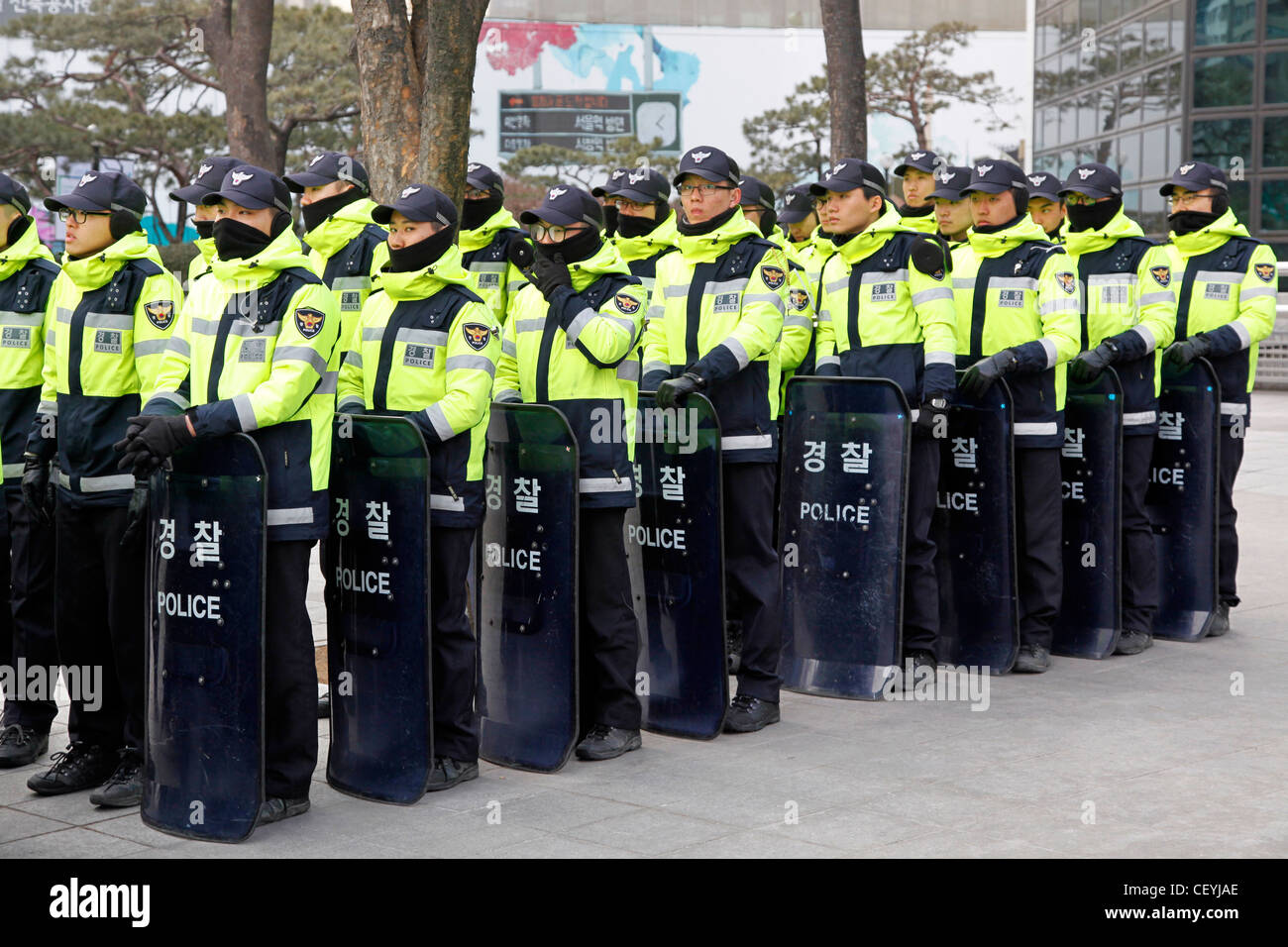 Coreano polizia antisommossa con attrezzature antisommossa e scudi in Seoul, Corea del Sud Foto Stock