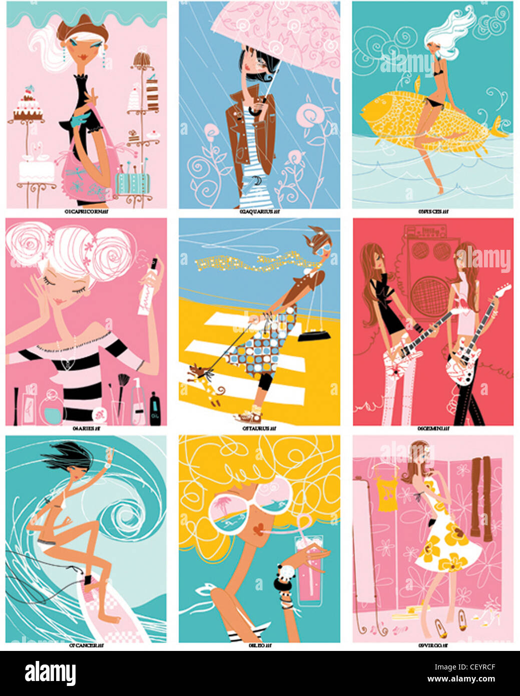 Oroscopo Illustrazioni Capricorno Acquario E Pesci Ariete Toro Gemelli Cancro Leone Vergine Foto Stock Alamy