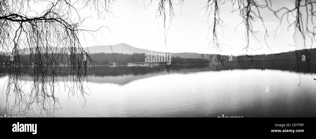 Panoramica romantica in bianco e nero sul lago di Viverone, Novara Foto Stock