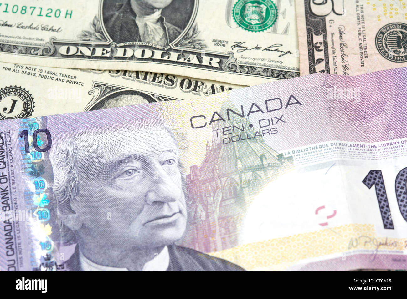 Canada e US dollar banconote Foto Stock