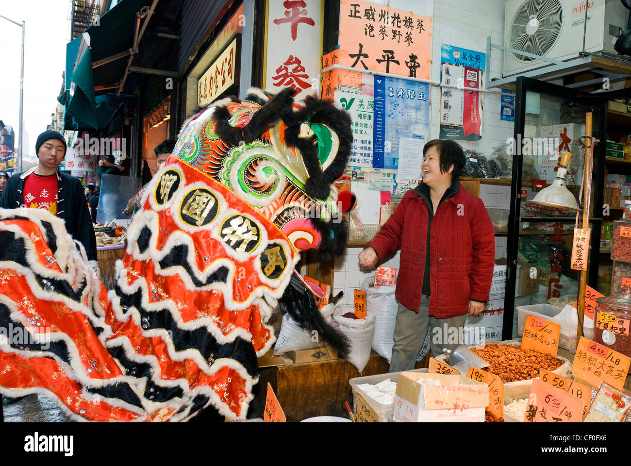 La celebrazione del Capodanno cinese a Chinatown New York City dragon dance danza leone Foto Stock