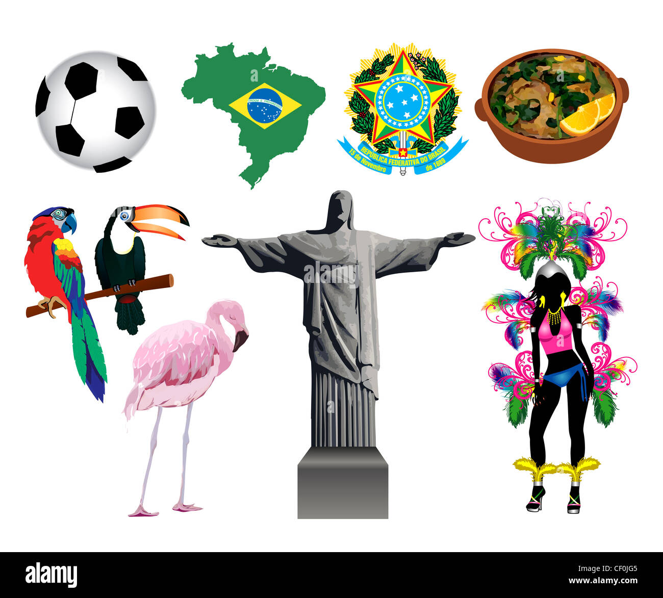 Illustrazione Vettoriale di diverse icone brasiliano e simboli. Foto Stock