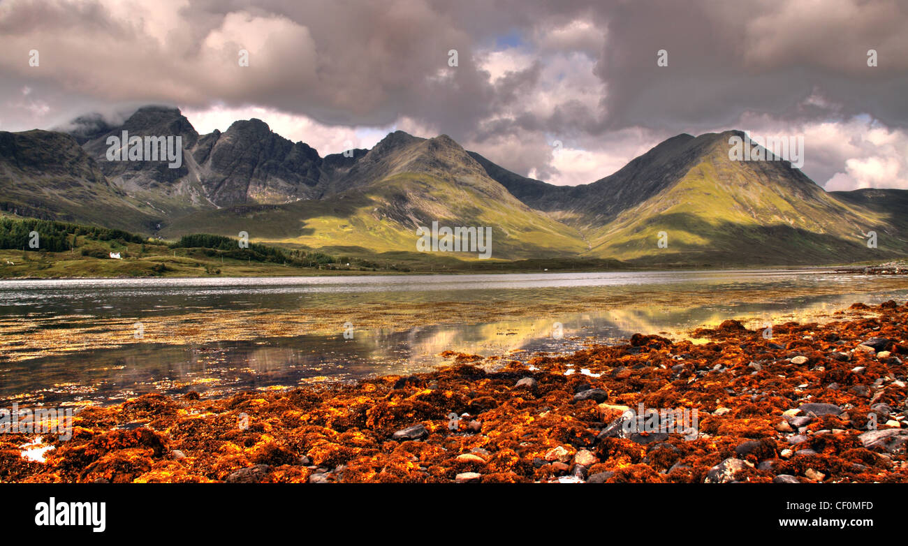 Skye Torrin panorama magnifico panorama vista da Skyes Sud. Sensazionali montagne su un mare loch foderato con alghe brune. Foto Stock