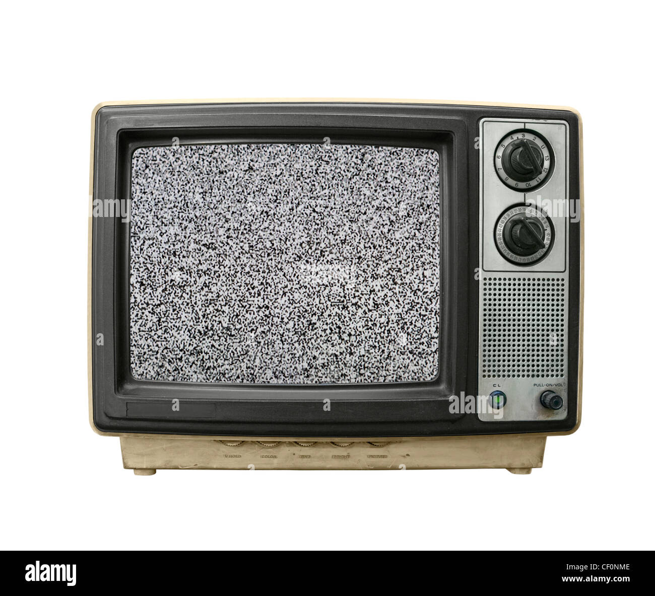 Battere grungy vecchio televisore con schermo statico. Foto Stock