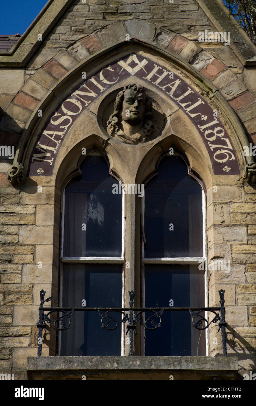 Costruzione di dettaglio sul vecchio Masonic Hall, Rawson Square, Bradford City Centre, West Yorkshire Foto Stock