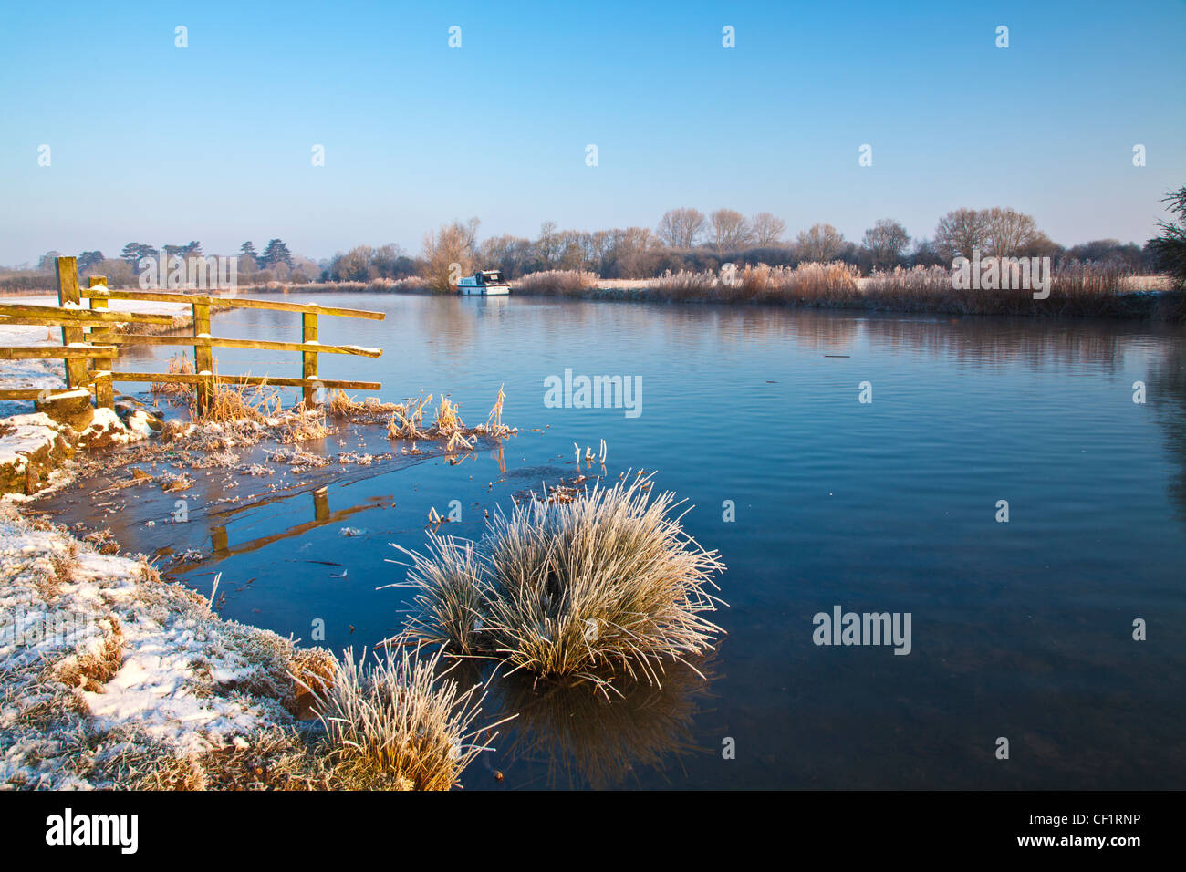 Un gelido Cotswold inverno mattina sul Fiume Tamigi a Lechlade, Gloucestershire, England, Regno Unito Foto Stock