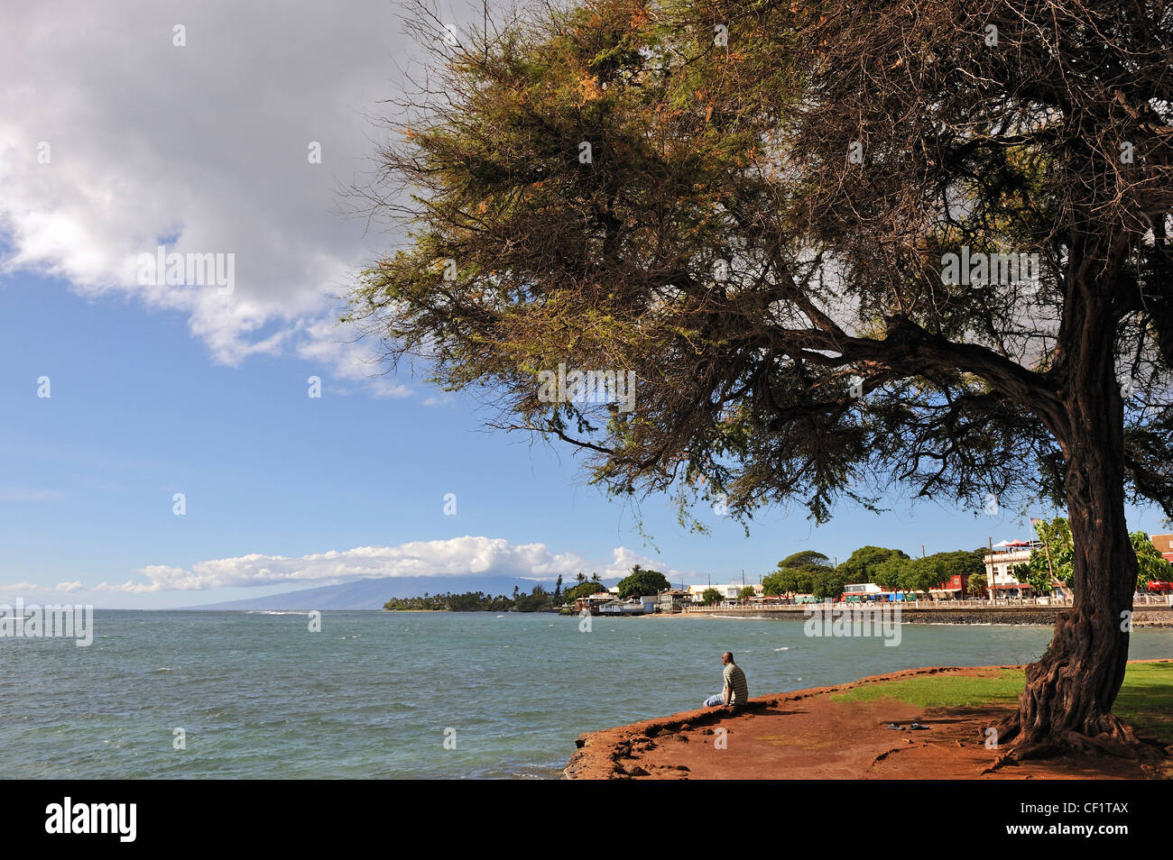 Isola di Maui, isole Hawaii, Stati Uniti d'America - uomo si siede da l'oceano in Kahului - Vulcano Haleakala in background Foto Stock