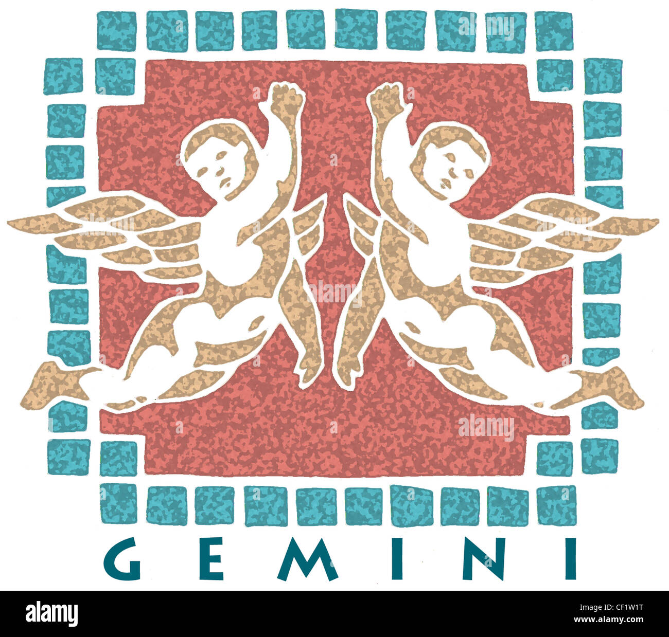 Star Sign Gemini aqua blue mosaico illustrazione di confine di twin angeli contro uno sfondo rosso cercando in direzioni opposte Foto Stock