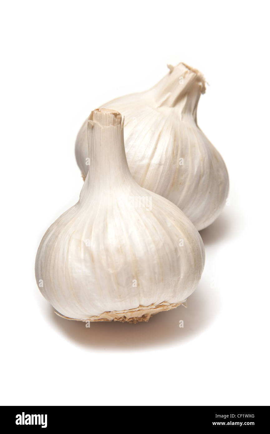 Bulbi di aglio isolato su un bianco di sfondo per studio. Foto Stock