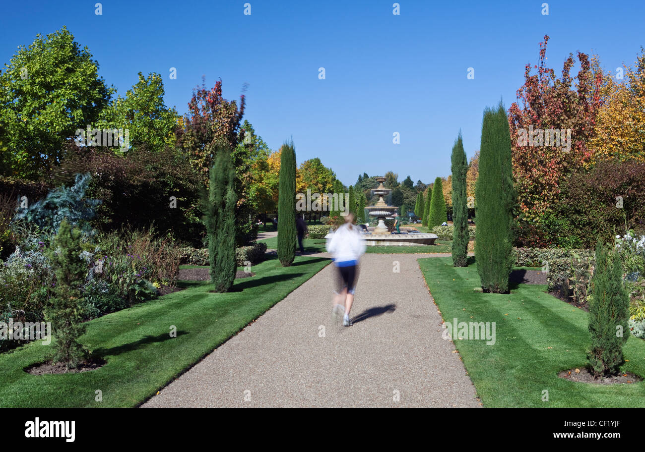 Una donna jogging attraverso giardini paesaggistici in Regent's Park. Foto Stock