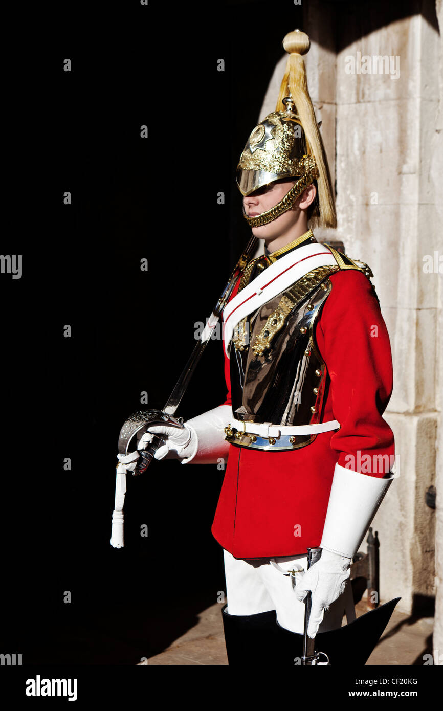 Un soldato di cavalleria della famiglia sul dazio a Horse Guards in Whitehall. Foto Stock