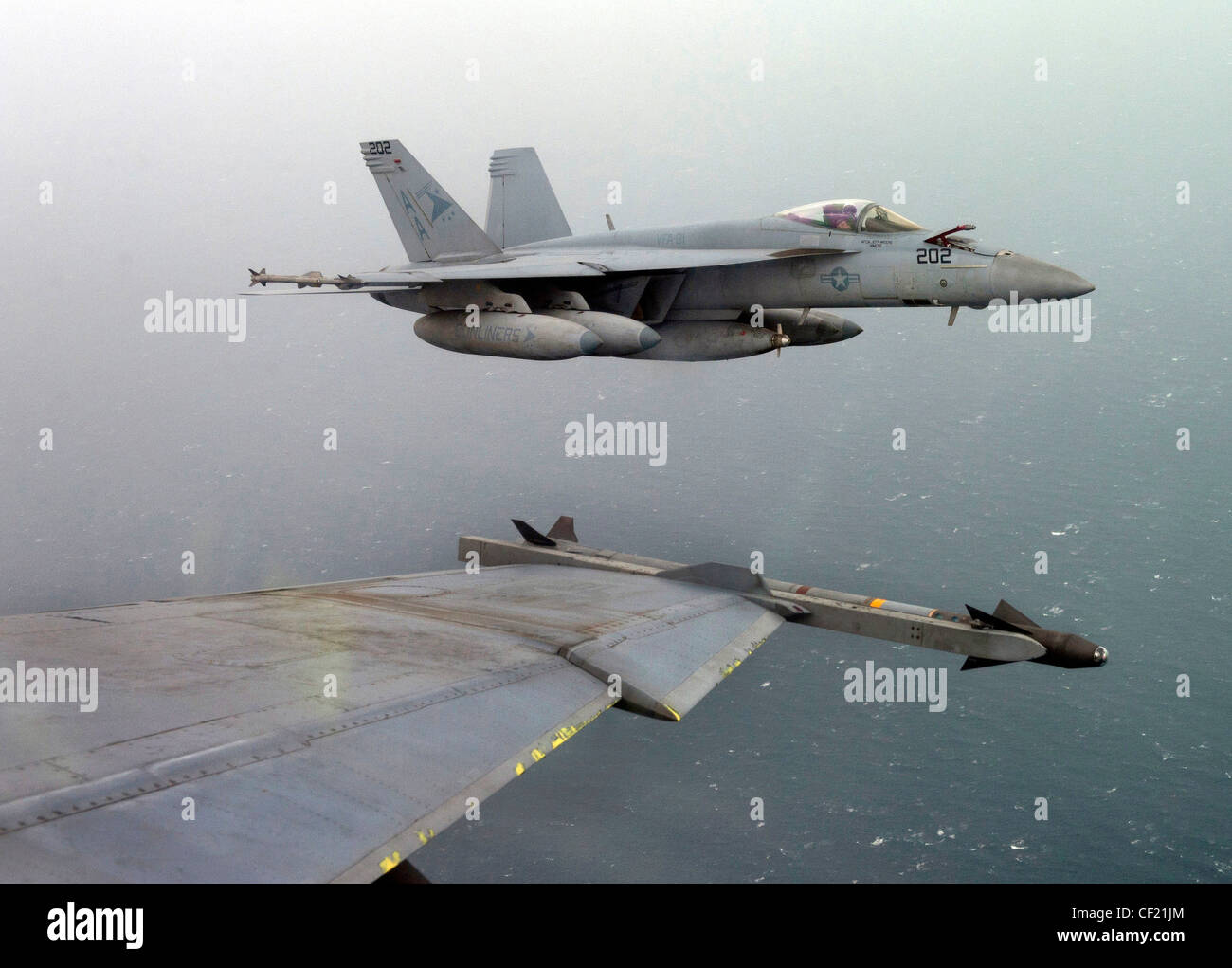 GOLFO ARABO (febbraio 25, 2012) un F/A-18E Super Hornet assegnato a Strike Fighter Squadron (VFA) 81, volato da CMdR. Michael River si forma per ricevere il carburante da un F/A-18F Super Hornet assegnato a VFA-22 e volato dal Lt. Michael Loringer durante una missione volata dalla compagnia aerea di classe Nimitz USS Carl Vinson (CVN 70). Carl Vinson e Carrier Air Wing (CVW) 17 sono distribuiti nell'area di responsabilità della 5a flotta statunitense. Foto Stock