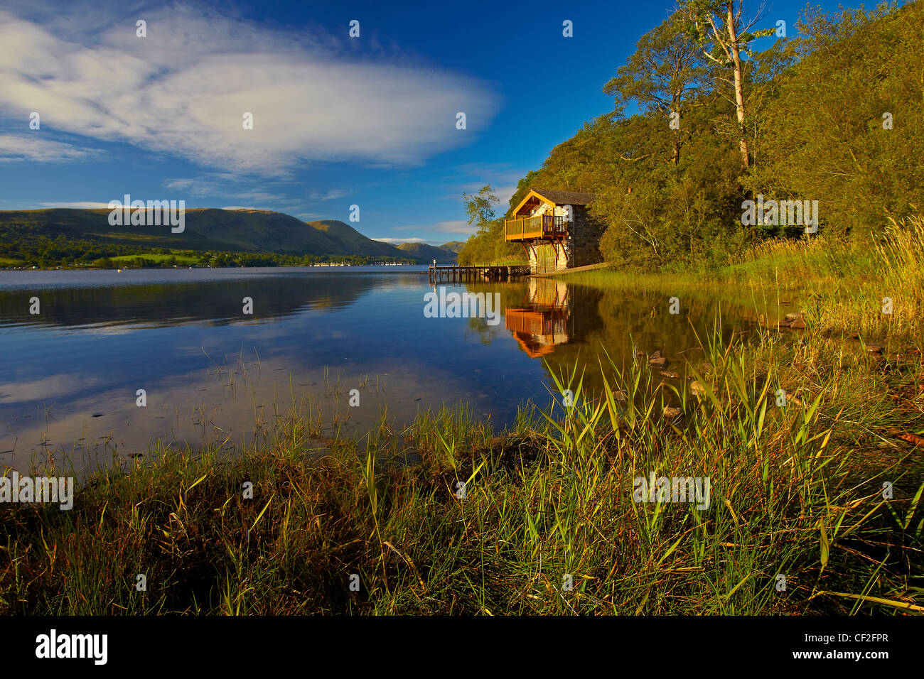 Il Duca di Portland Boathouse in cima al lago Ullswater. Foto Stock
