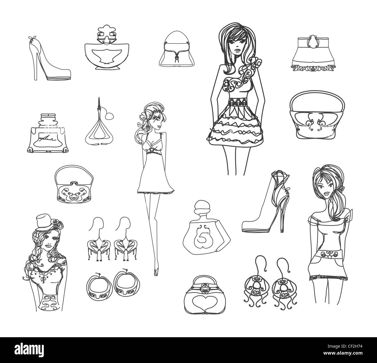 Shopping moda doodle icona impostare Foto Stock