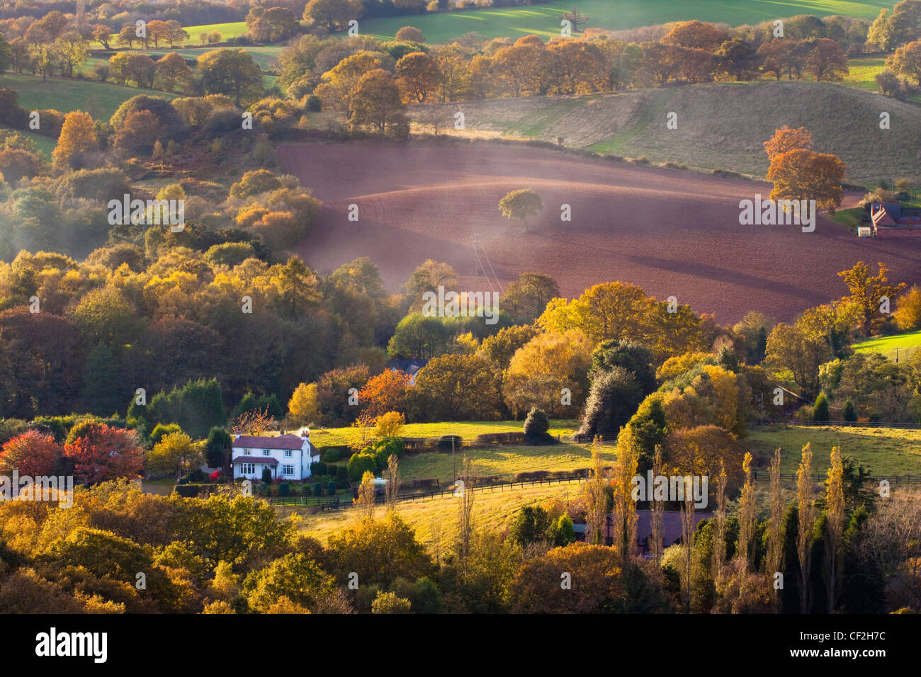 Le colline e i terreni agricoli in prossimità Kinver visto dal bordo Kinver. Foto Stock